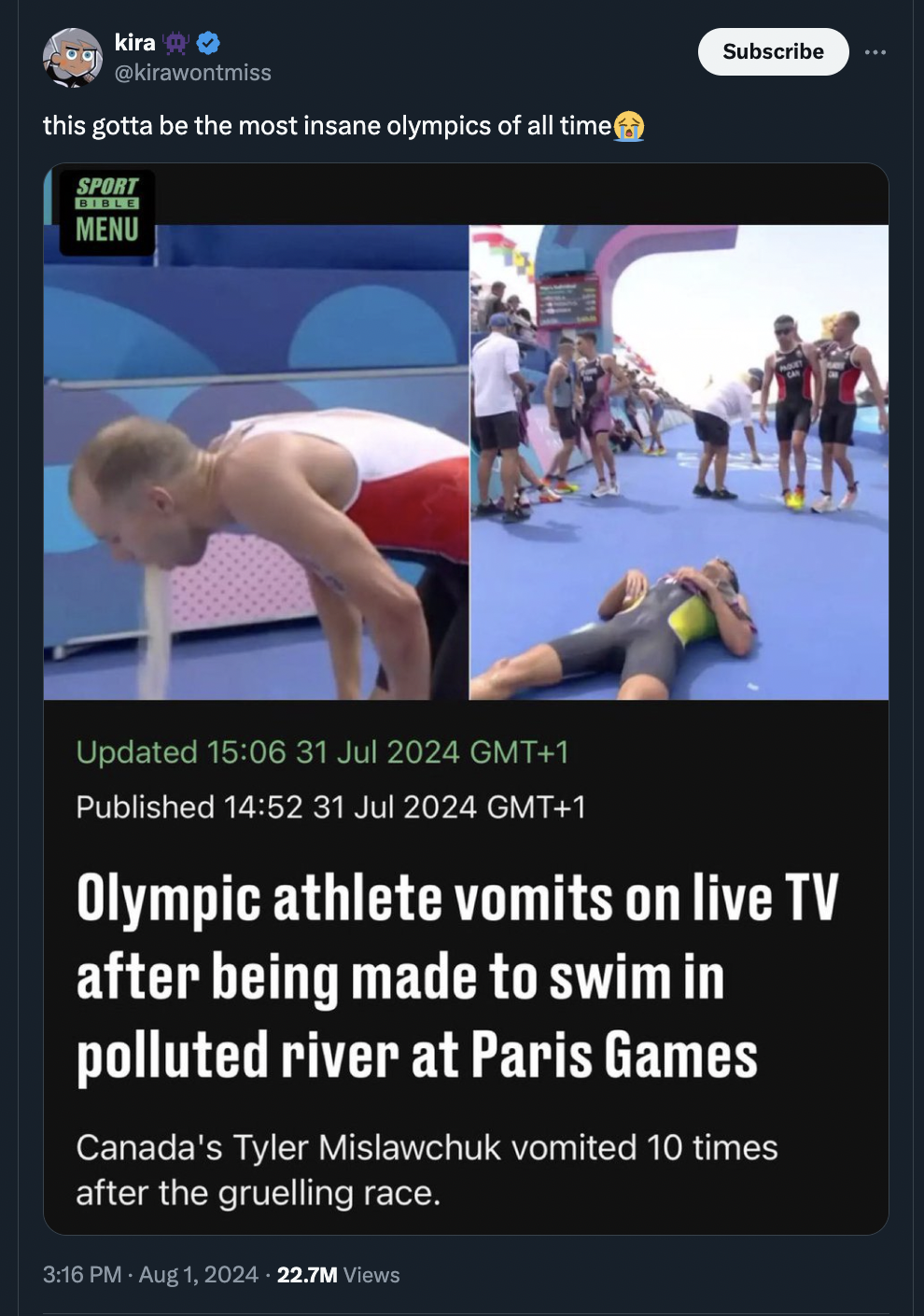 Swimming - kira this gotta be the most insane olympics of all time Sport Menu Subscribe Updated Gmt1 Published Gmt1 Olympic athlete vomits on live Tv after being made to swim in polluted river at Paris Games Canada's Tyler Mislawchuk vomited 10 times afte